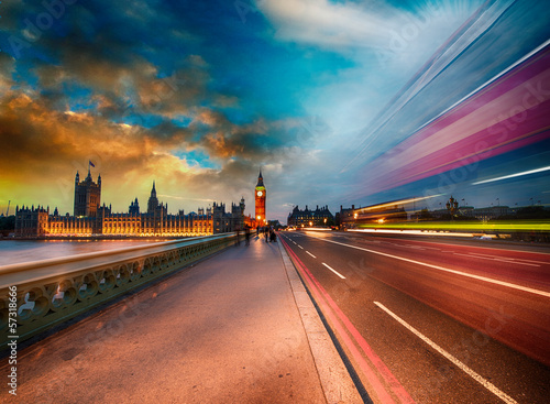 London, Famous Westminster Bridge at sunset with Houses of Parli photo