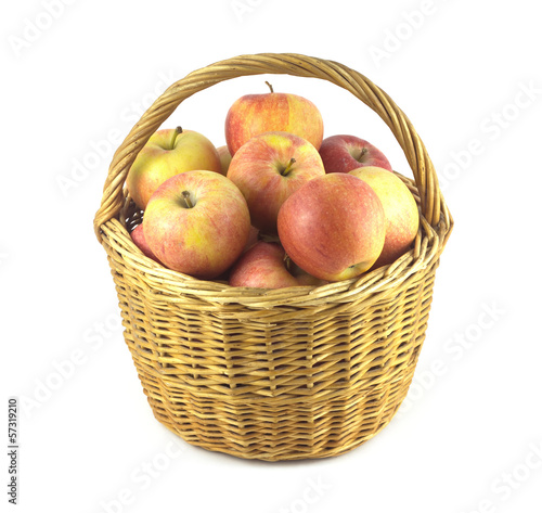 Many red and yellow ripe apples in brown wicker basket isolated