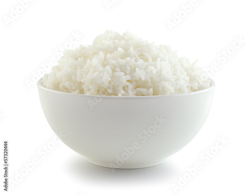 Rice in a bowl on a white background