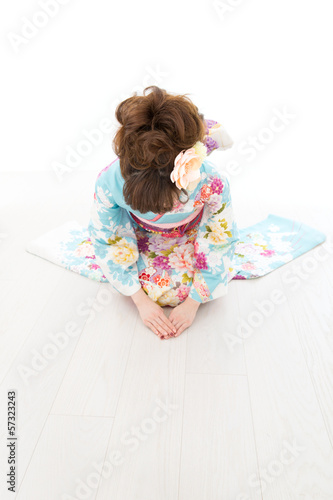 Beautiful asian kimono woman on white background