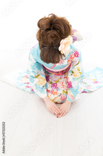 Beautiful asian kimono woman on white background