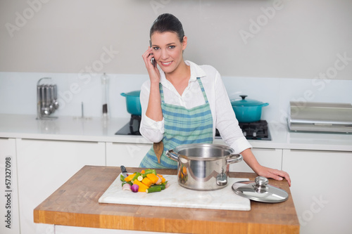 Smiling gorgeous woman wearing apron having a call
