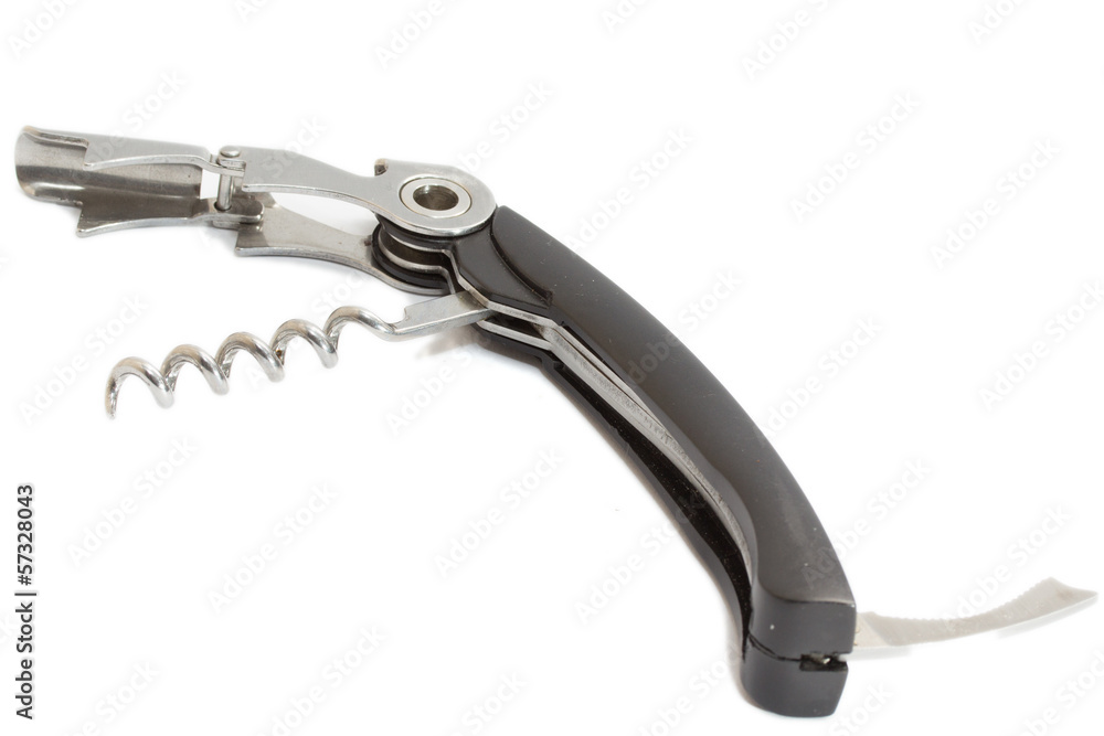 Opener or bottle-screw with black haft on white background Opener or bottle-screw with black haft on white background