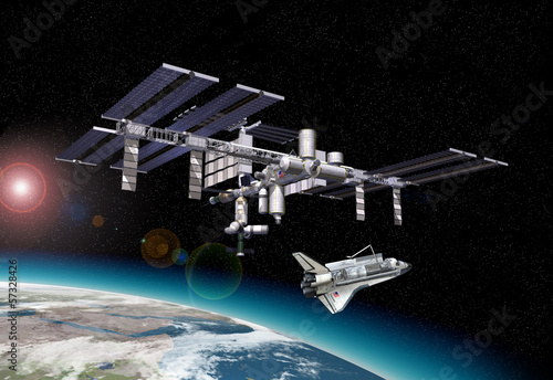 Fototapeta Naklejka Na Ścianę i Meble -  Space station in orbit around Earth, with Shuttle.