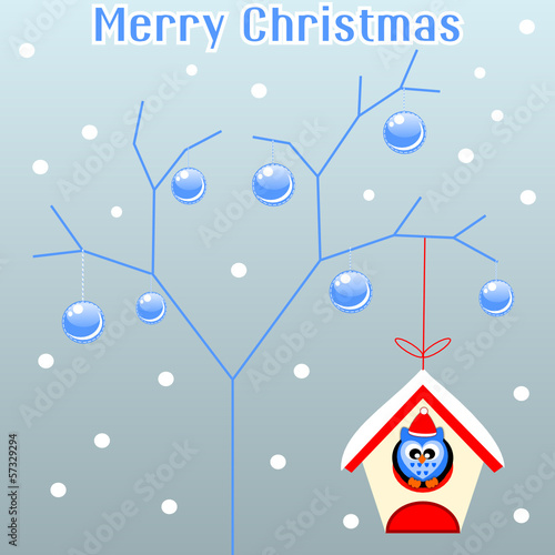 Merry christmas card with Snow tree and bird