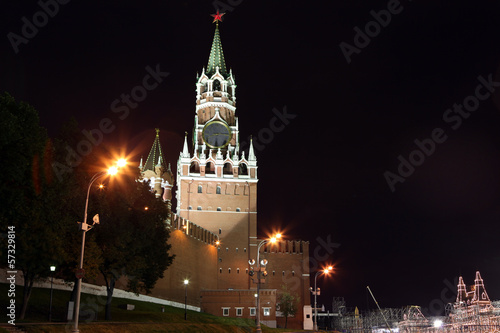 Spasskya Tower of Moscow Kremlin at Red Square in Moscow, Russia