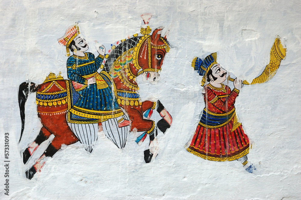 Traditional colourful medieval wall painting in Udaipur,India
