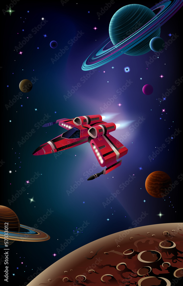 Spaceship, planets and space.