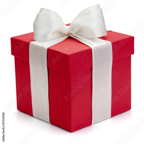 Red gift box with white ribbon and bow.