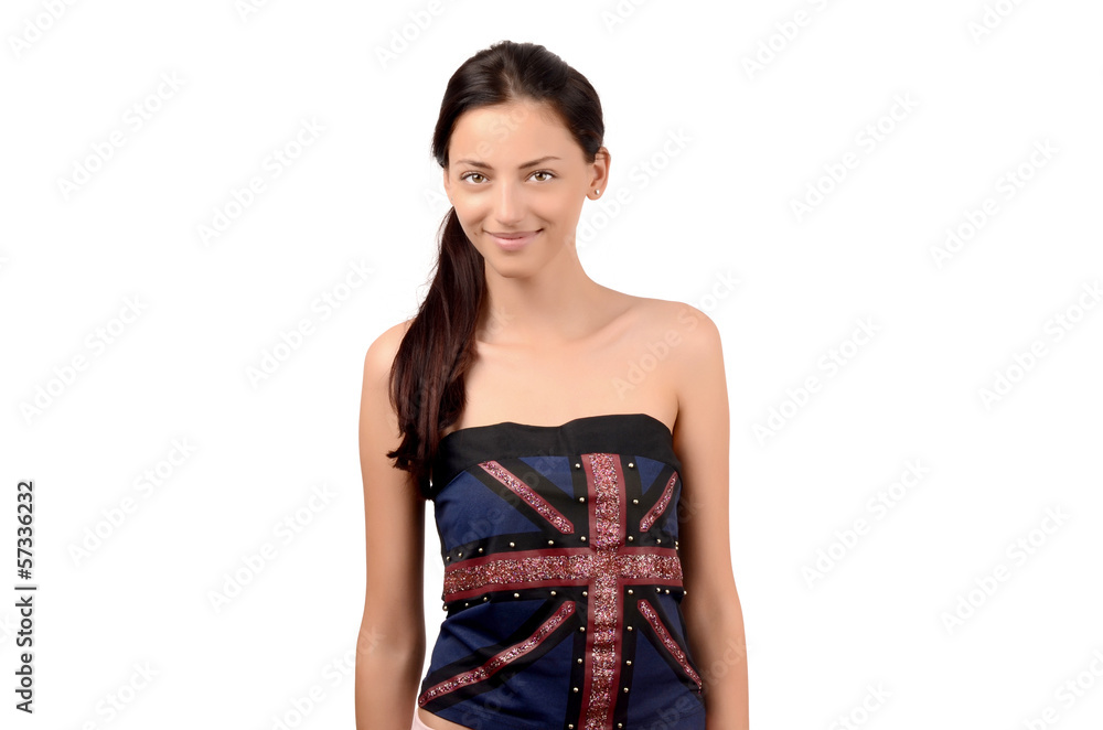 Portrait of a beautiful English girl smiling.UK flag on her top. Portrait of a beautiful English girl smiling.UK flag on her top.