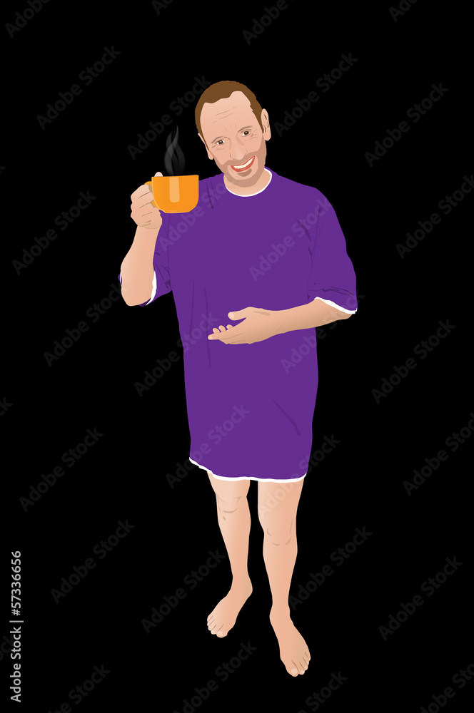 A man waking-up and drinking coffee in a big orange cup A man waking-up and drinking coffee in a big orange cup