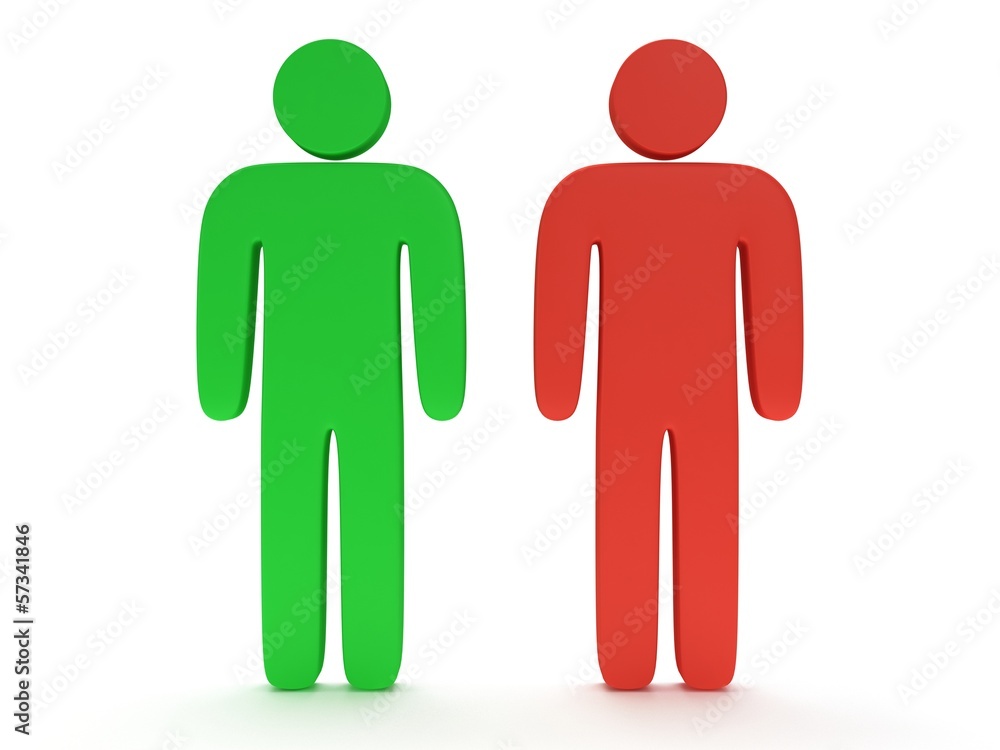 Red and green stylized person stand on white