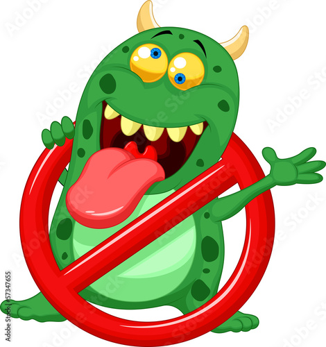 Stop virus - green virus in red alert sign