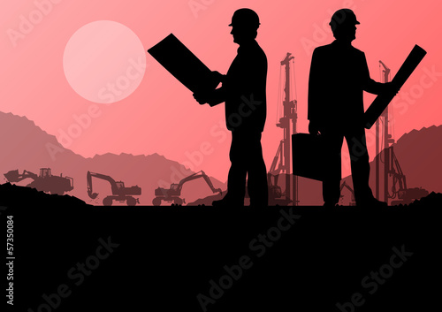 Engineers with excavator loaders and tractors digging at industr