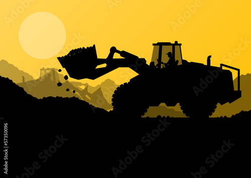 Excavator loader at construction site with raised bucket vector