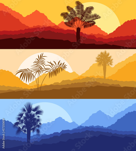 Palms and sun, tropical sunset vector background #57350619