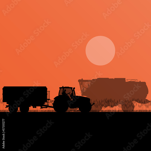 Agricultural combine harvester and tractor in grain field season