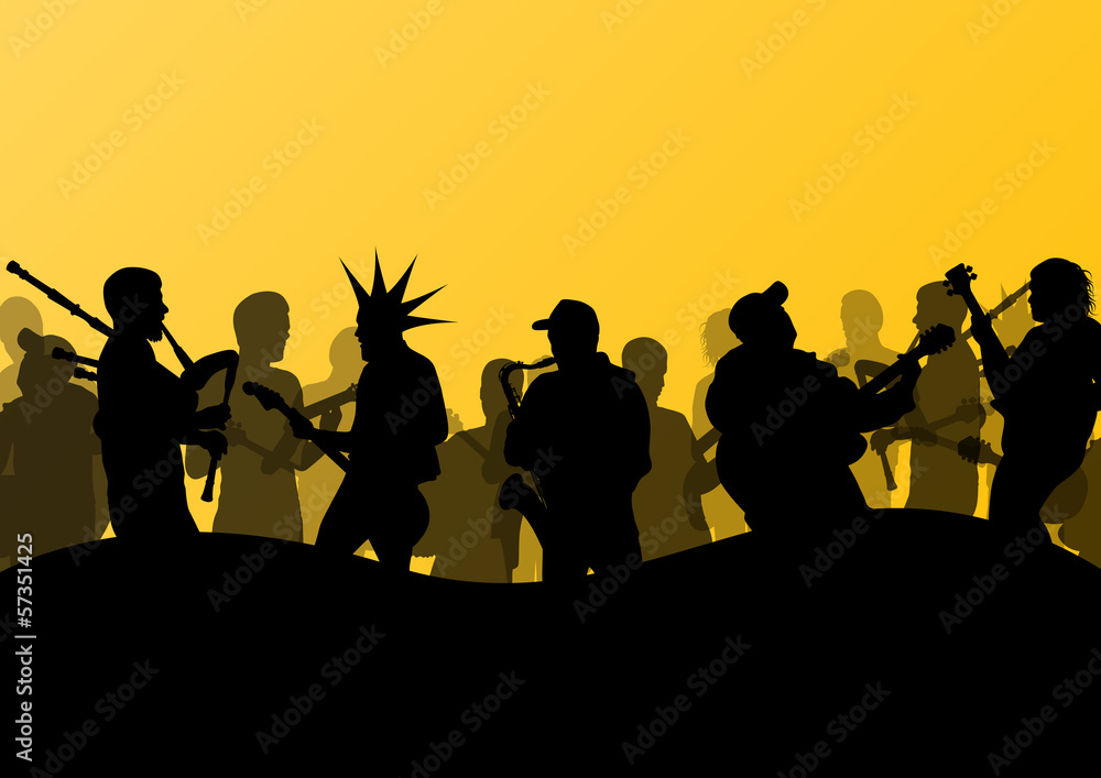 Rock concert various musicians abstract landscape background ill Rock concert various musicians abstract landscape background ill