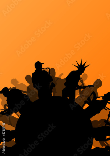 Rock concert various musicians abstract landscape background ill