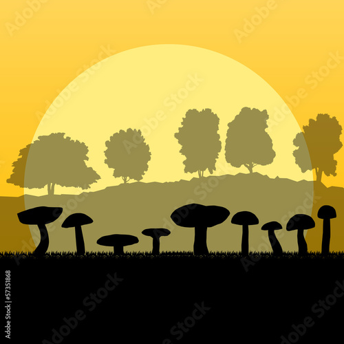 Mushrooms landscape in front of forest autumn vector background