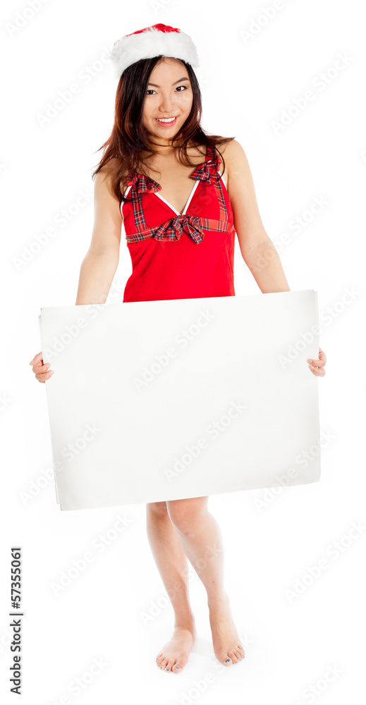 Sexy asian santa claus smiling with a large blank paper Sexy asian santa claus smiling with a large blank paper
