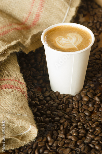 Canvastavla Cappuccino To Go Paper Cup Burlap Bag Roasted Coffee Beans