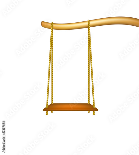 Wooden swing hanging from the bough of a tree