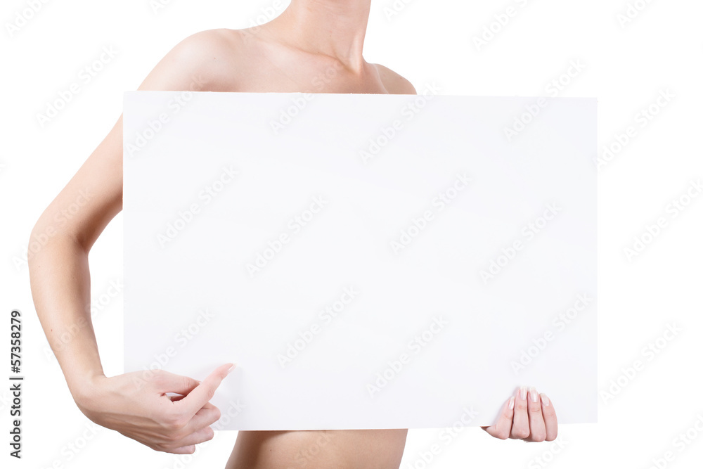 naked woman holding empty white blank board naked woman holding empty white blank board