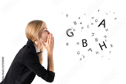businesswoman talking and letters coming out of her mouth photo