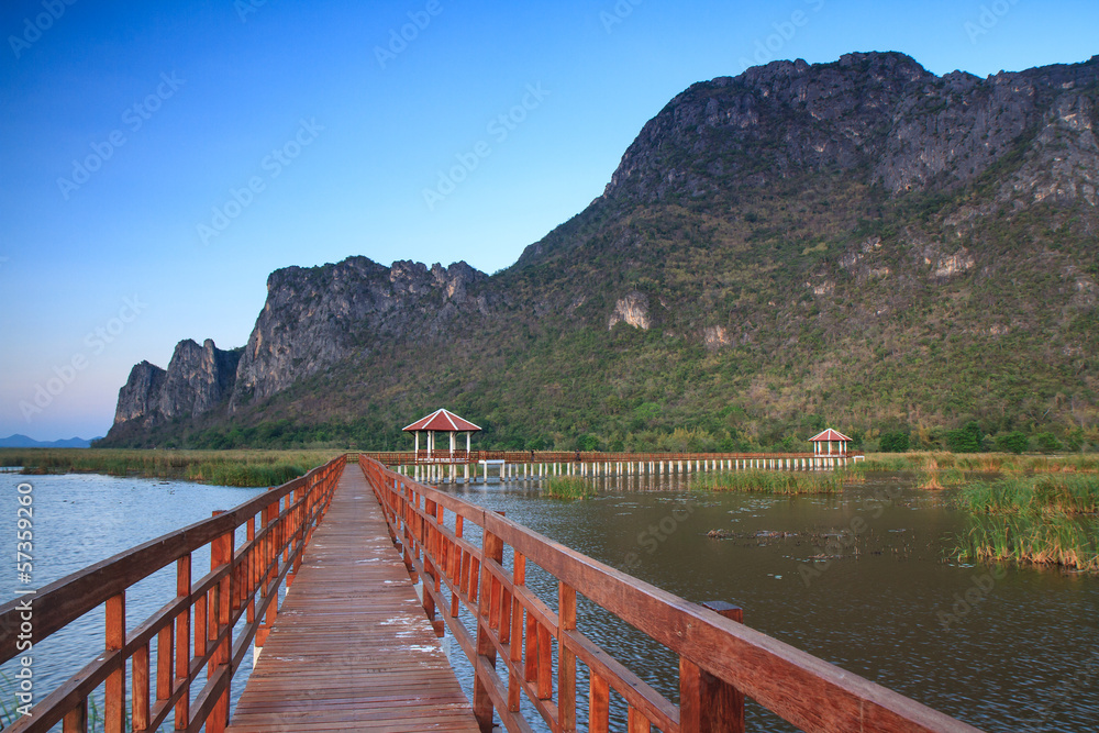 Wooden Bridge in lotus lake at khao samroiyod national park, tha