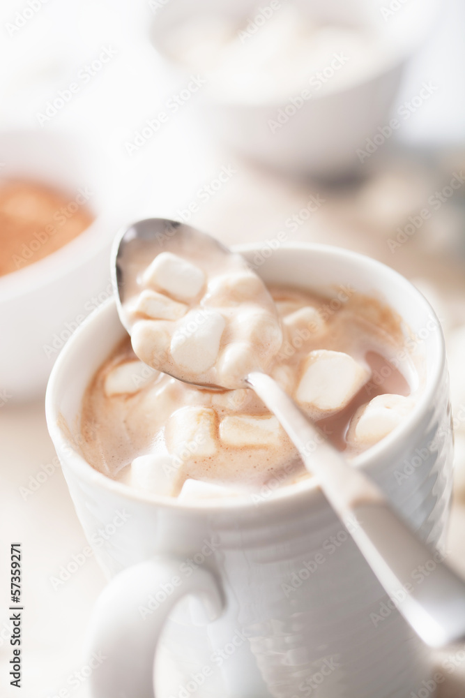 cocoa with small marshmallows in spoon cocoa with small marshmallows in spoon