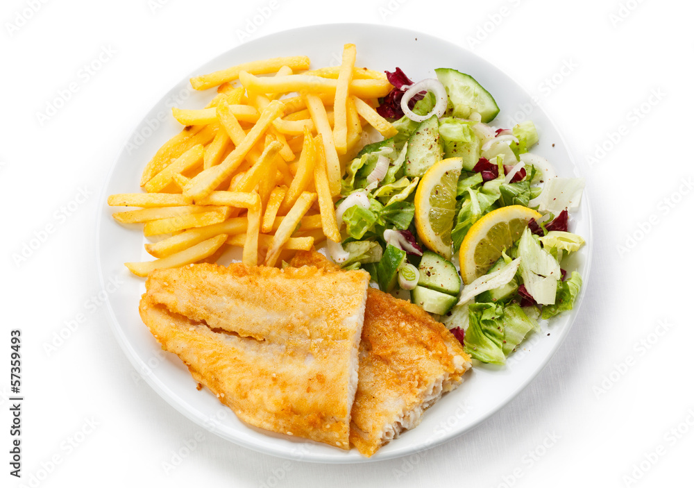 Fish dish - fried fish fillet and vegetables Fish dish - fried fish fillet and vegetables