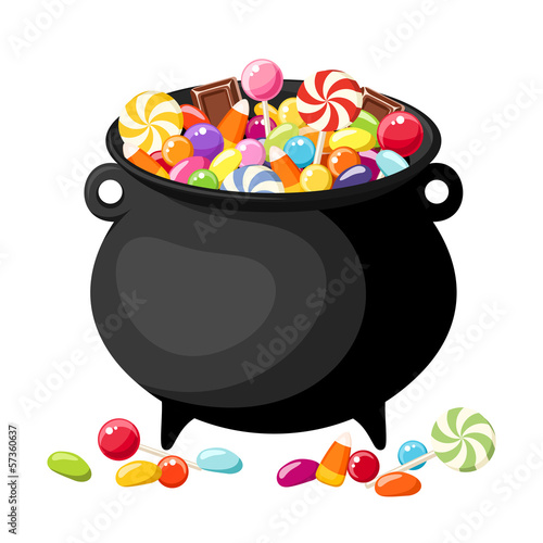 Halloween candies in witches cauldron. Vector illustration.