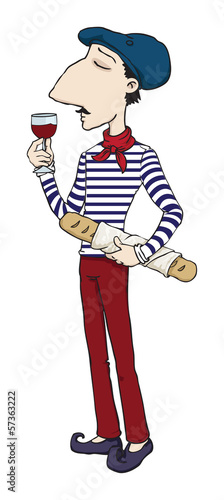 French Man with baguette and glass of wine
