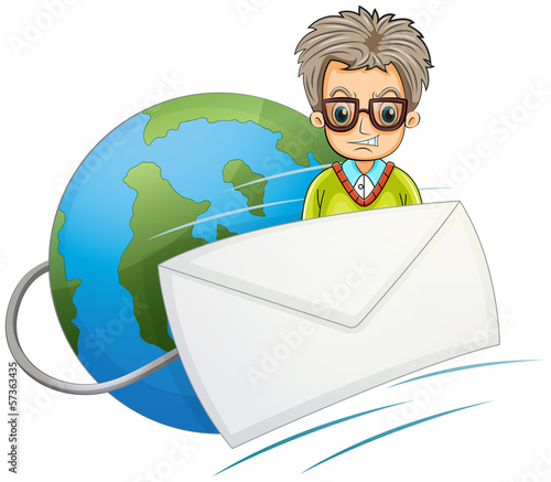 A globe with a wired envelope and a man
