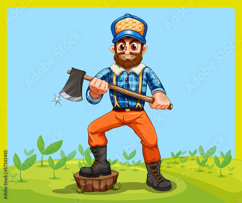 An old lumberjack holding an axe while stepping at the stump