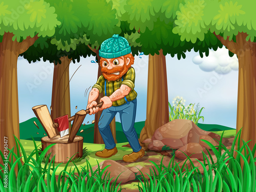 A tired woodman chopping the woods in the forest