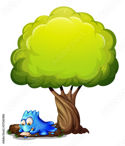 A blue monster writing a letter under the tree
