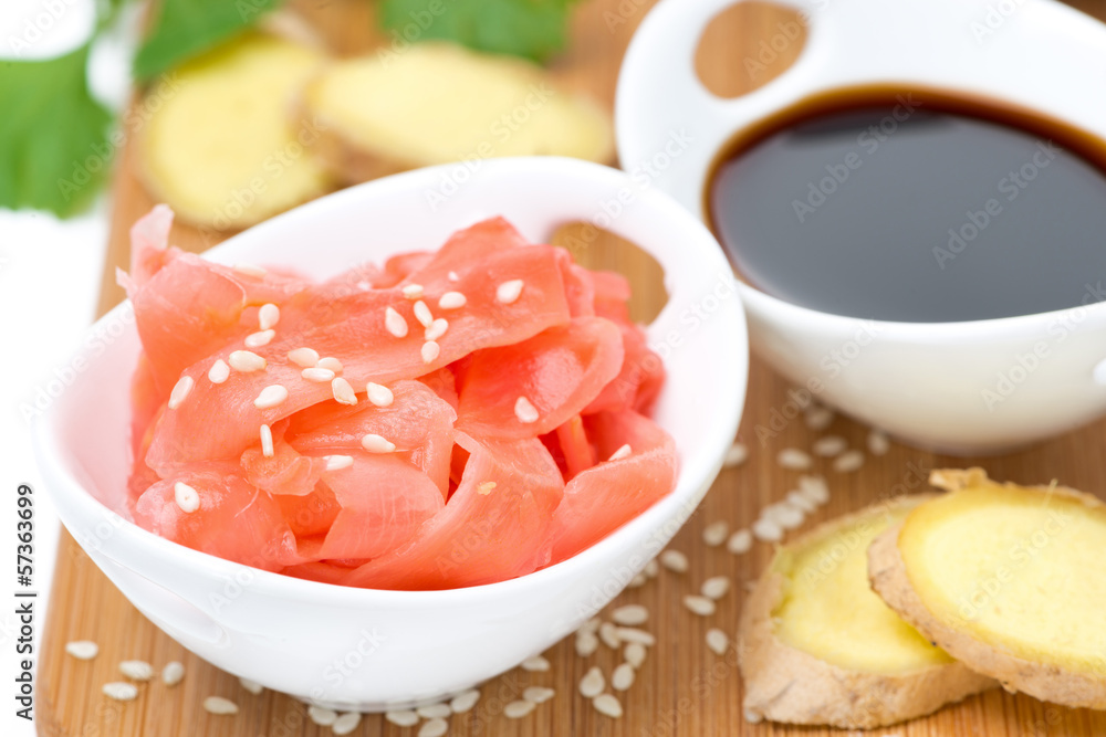 Asian ingredients fresh and pickled ginger, soy sauce and sesame