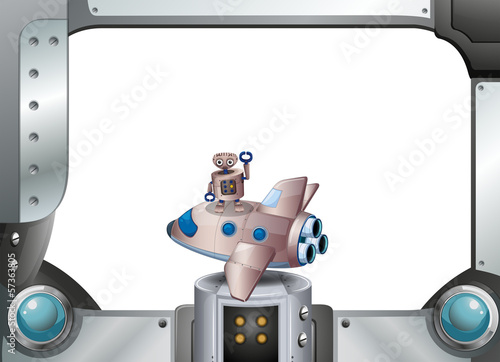 A metal frame with a robot above a spaceship