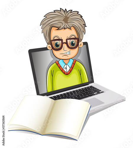 An image of a man inside a laptop with an empty notebook