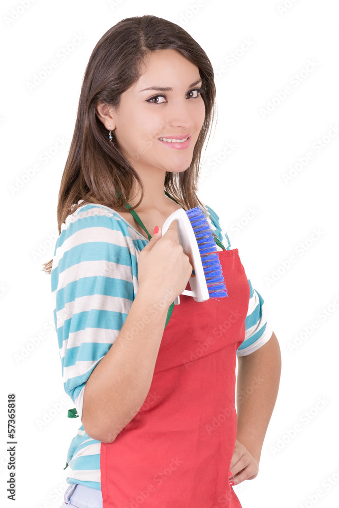 Young smiling cleaning woman. Isolated over white background. Young smiling cleaning woman. Isolated over white background.