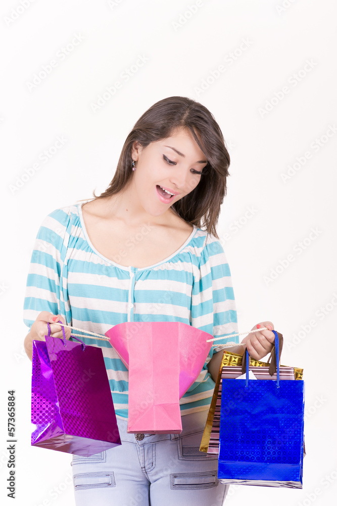 Portrait of young happy smiling woman with shopping bags, Portrait of young happy smiling woman with shopping bags,