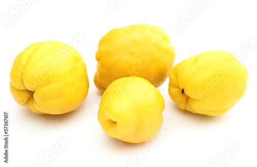 Four yellow quinces on white background