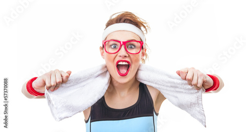 Surprised funny fitness woman ready for gym