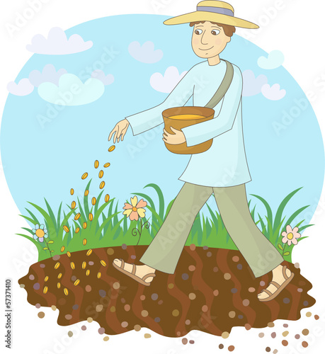 The farmer sows grain