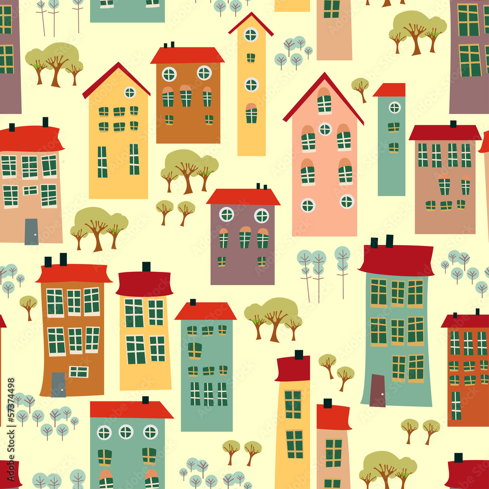 Doodle town houses seamless background