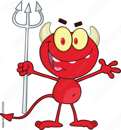 Cute Little Red Devil Holding Up A Pitchfork