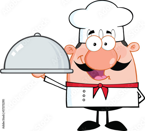 Happy Chef Cartoon Character Holding A Platter