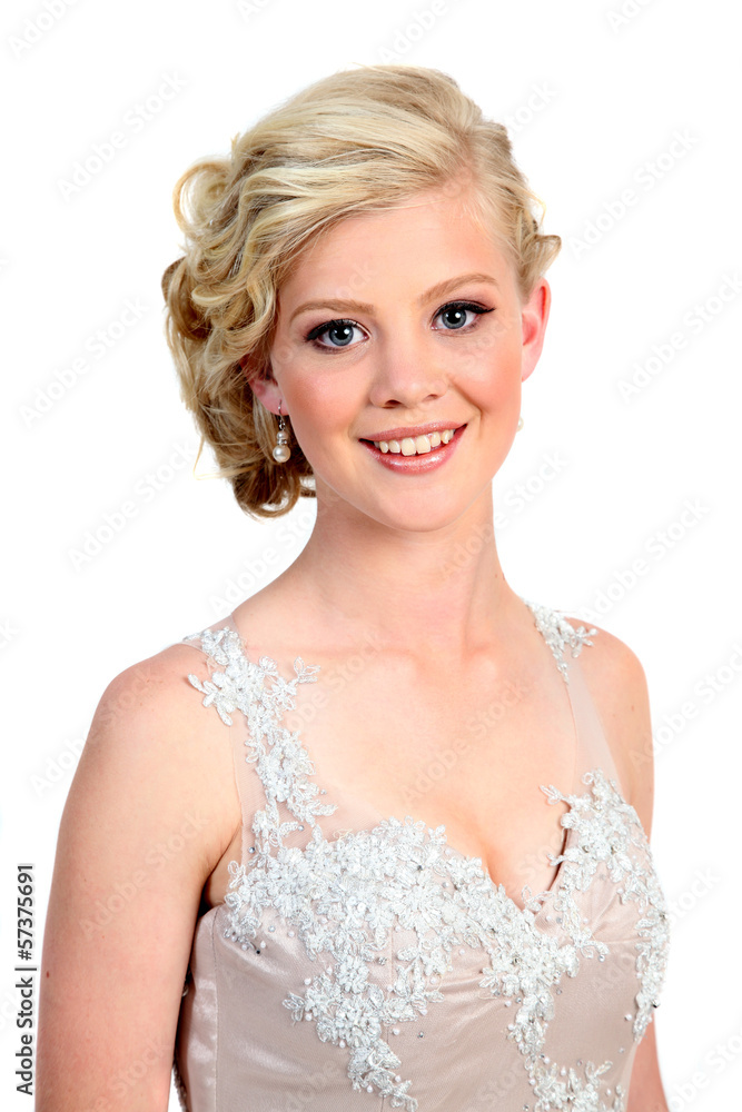 Beautiful, young blond woman in evening dress.